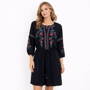 eShakti Dress Women's 6 Black Boho Embroidered Drawstring Waist Knee Length
